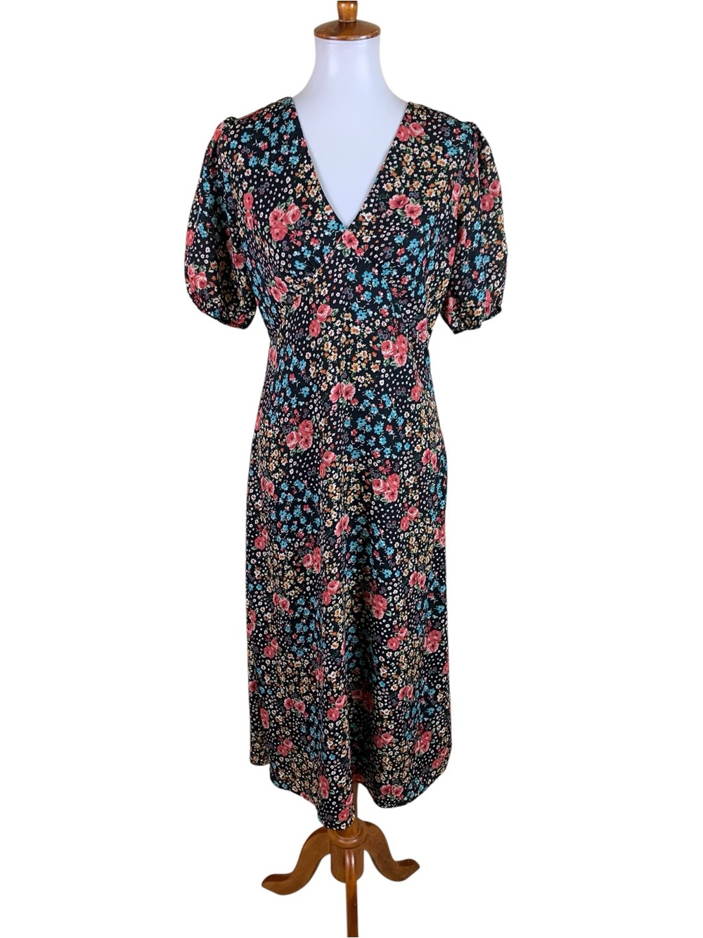 If By Sea Black Floral Puff Sleeve Cottagecore Midi Dress Womens Small